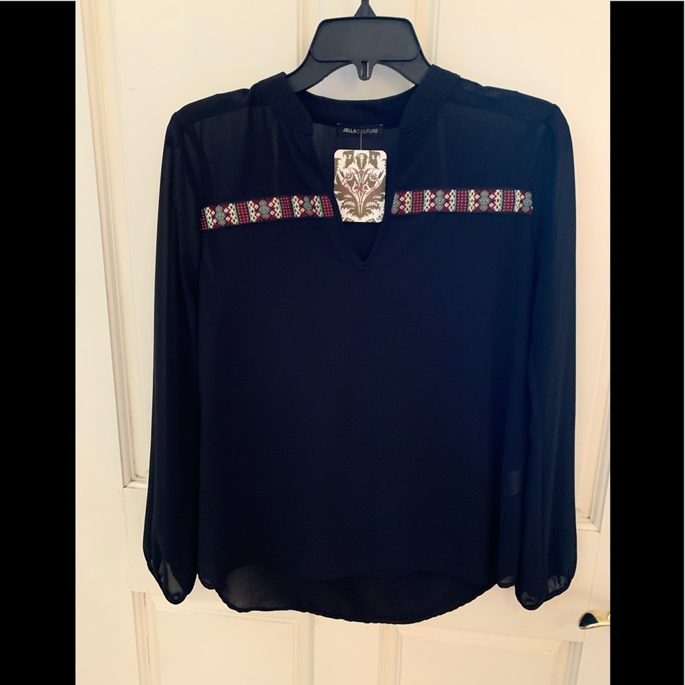 Black crepe top with woven detail